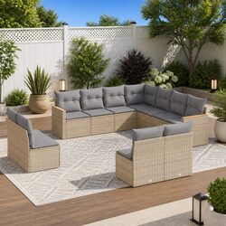 Garden Sofa Set 11 Piece Outdoor Furniture Patio Beige Poly Rattan Modular