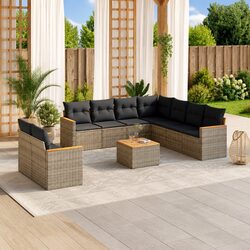 Garden Sofa Set - 10 Pieces Grey Rattan, Acacia Wood Top