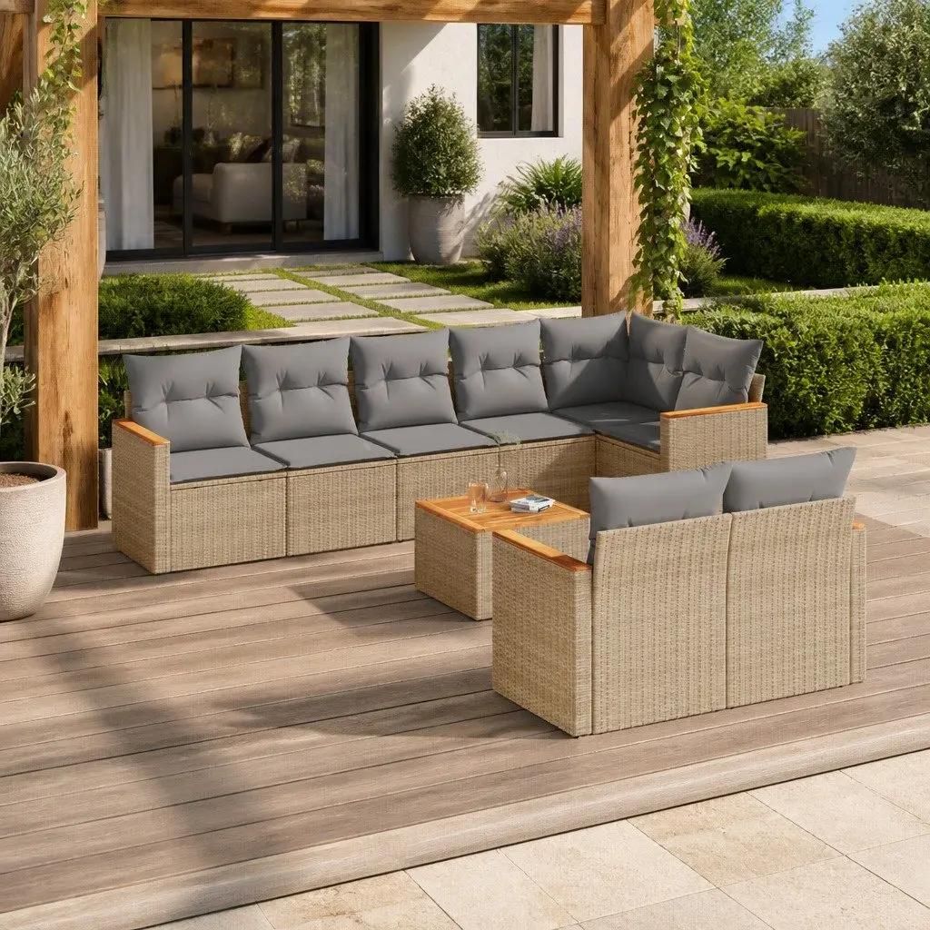 Garden Sofa Set Outdoor Furniture Modular 9 Piece Beige Poly Rattan Patio Lounge