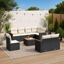 Garden Sofa Set 9 Pieces - Black Rattan & Acacia