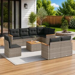 Garden Sofa Set 9 Piece Outdoor Furniture Patio Grey Poly Rattan with Cushions