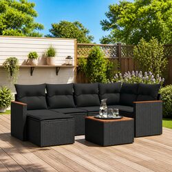 7 Piece Garden Sofa Set: Black PE Rattan with Cushions