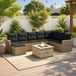 9 Piece Grey Outdoor Sofa Set with Poly Rattan and Wood