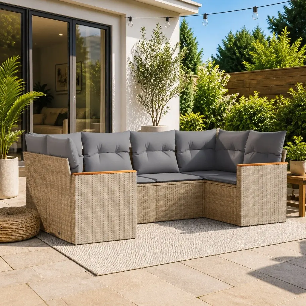 Garden Sofa Set 6 Piece Outdoor Patio Furniture Beige Poly Rattan