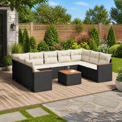Black Garden Sofa Set: 10 Pieces with Cushions and Storage