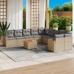 11-Piece Outdoor Sofa Set - Beige Poly Rattan & Acacia Wood
