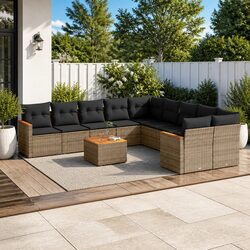 11-Piece Garden Sofa Set: Grey Rattan & Acacia Tabletop