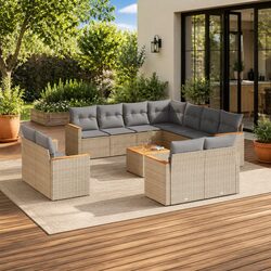 12 Piece Garden Sofa Set: Beige Poly Rattan, Acacia Table
