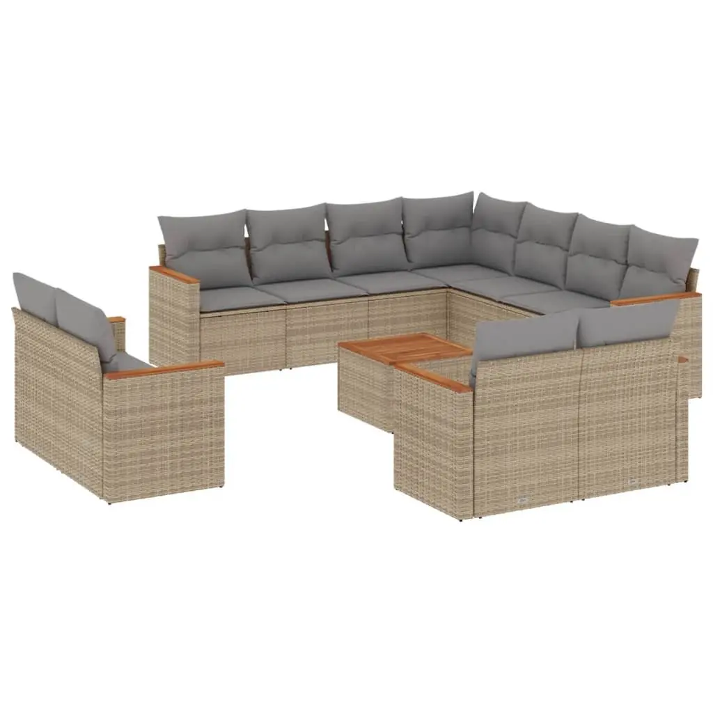 Outdoor Furniture Set 12 Piece Modular Beige Poly Rattan Sofa with Acacia Wood Tabletop for Patio and Garden Use