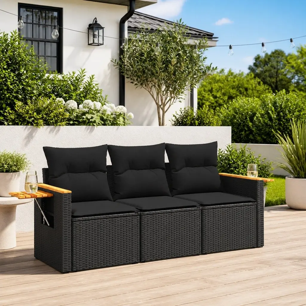 Outdoor Furniture Set Black Poly Rattan Modular Sofa 3 Piece with Cushions