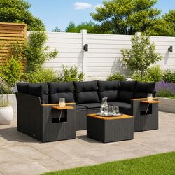 7 Piece Black Outdoor Sofa Set with Cushions and Storage