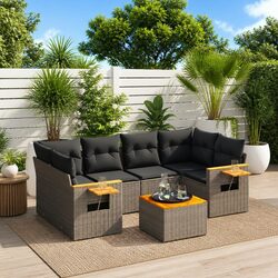 7-Piece Grey Poly Rattan Garden Sofa Set - Specifications Inside