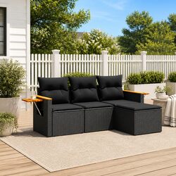4 Piece Garden Sofa Set with Storage Cushions Black Poly Rattan Outdoor Patio