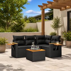5-Piece Black PE Rattan Garden Sofa Set with Cushions
