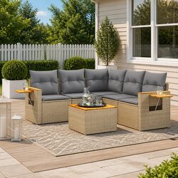 Garden Sofa Set 6 Piece Outdoor Furniture Beige Poly Rattan Patio Lounge