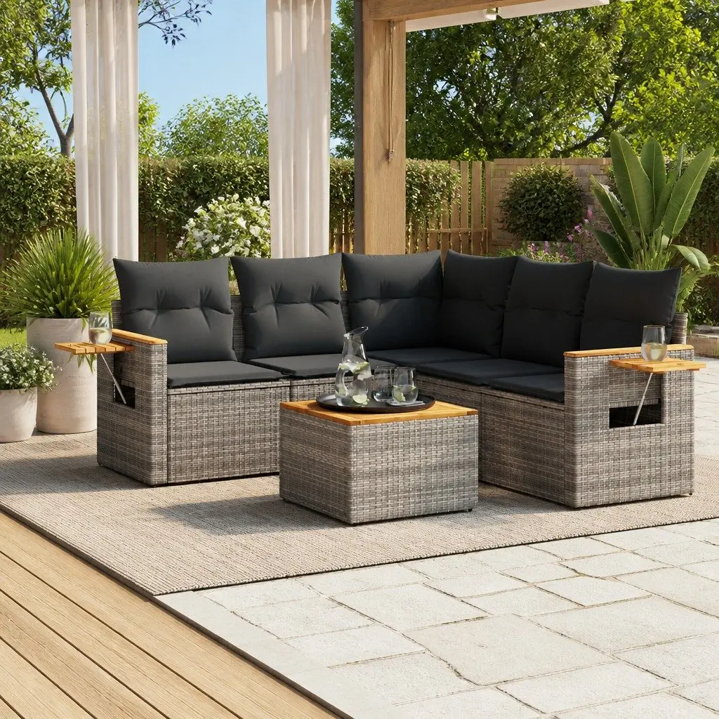 Garden Sofa Set Outdoor Furniture 6 Piece Grey Poly Rattan with Cushions