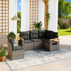 5-Piece Outdoor Sofa Set - Grey PE Rattan & Cushions
