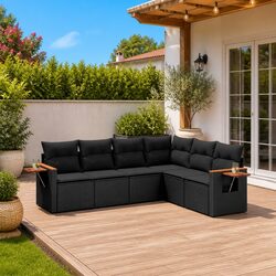 6 Piece Black Rattan Garden Sofa Set with Cushions