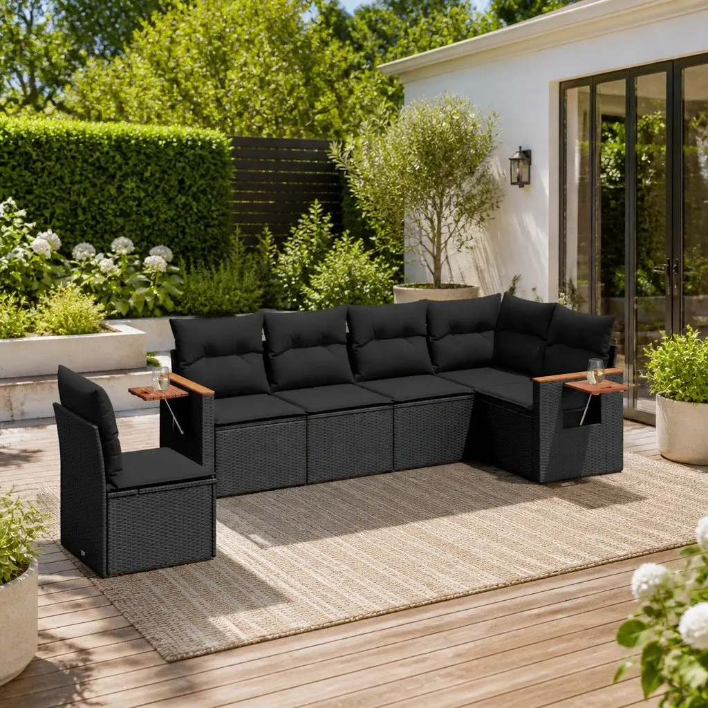 Garden Sofa Set Outdoor Furniture 6 Piece Black Poly Rattan