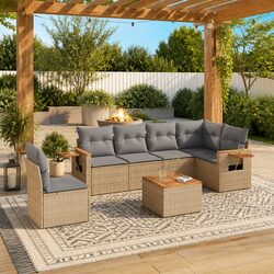 7-Piece Garden Sofa Set Details: Beige Poly Rattan