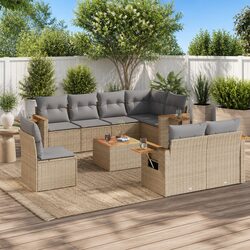 9 Piece Garden Sofa Set Beige Poly Rattan Outdoor Furniture Patio Cushions