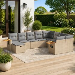 Outdoor Garden Sofa Set - 10 Pieces, Beige PE Rattan
