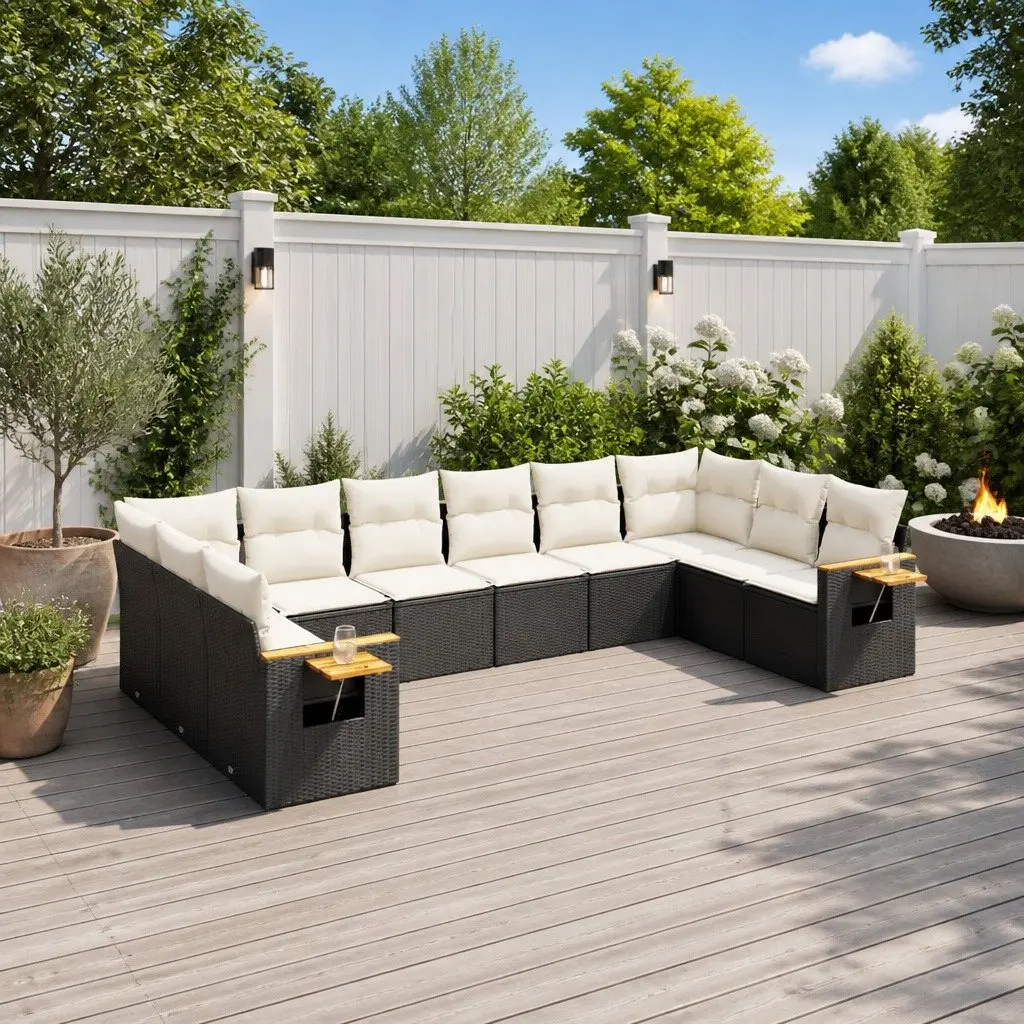 Garden Sofa Set Outdoor Furniture Patio Lounge 10 Piece Black Poly Rattan