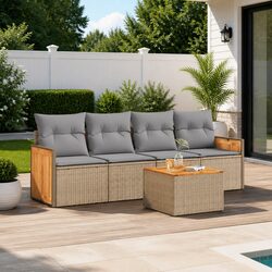 5-Piece Modular Outdoor Sofa Set: Beige PE Rattan & Acacia