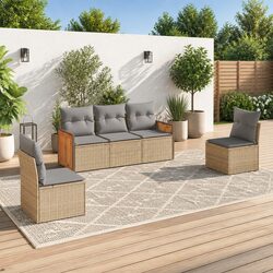 Outdoor Garden Sofa Set 5 Piece Beige Poly Rattan Patio Furniture with Cushions