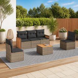 Garden Sofa Set 6 Pieces, Grey Poly Rattan with Acacia Table