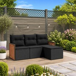 Garden Sofa Set 4 Piece Outdoor Furniture Black Poly Rattan with Cushions