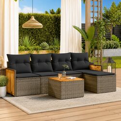 Garden Sofa Set 6-Piece Grey Poly Rattan Outdoor Furniture