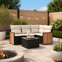 Garden Sofa Set: 5 Pieces, Black PE Rattan & Acacia Wood