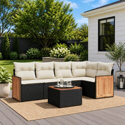 6-Piece Modular Sofa Set - Black PE Rattan Construction