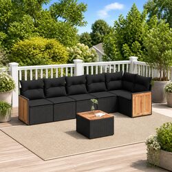 7-Piece Garden Sofa Set: Black PE Rattan, Acacia Wood Table
