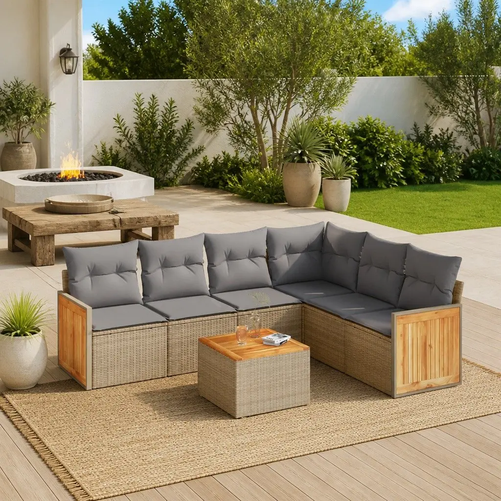 7 Piece Beige Outdoor Sofa Set Modular Garden Furniture with Acacia Wood Tabletop and Storage