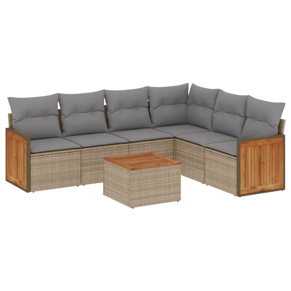 7 Piece Beige Outdoor Sofa Set Modular Garden Furniture with Acacia Wood Tabletop and Storage