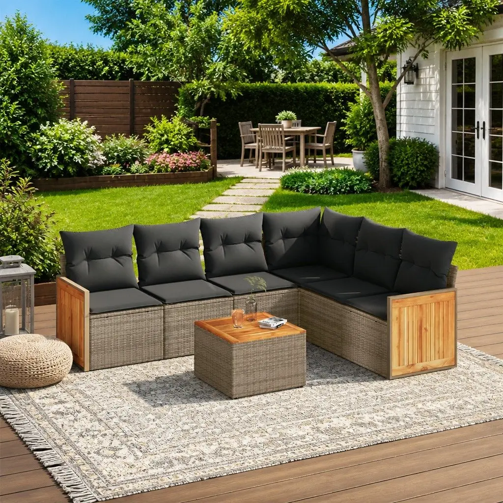Garden Sofa Set Outdoor Furniture 7 Piece Patio Grey Poly Rattan with Storage