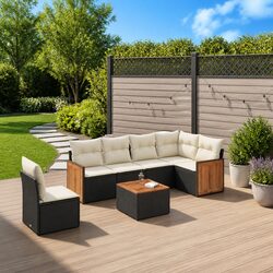 7 Piece Garden Sofa Set: Black Poly Rattan Specifications