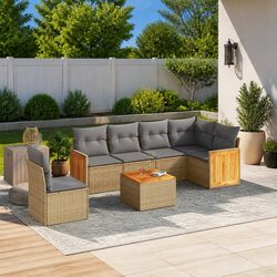 7 Piece Garden Sofa Set Outdoor Furniture Beige Poly Rattan with Cushions