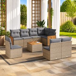 Garden Sofa Set 9 Piece Outdoor Furniture Beige Poly Rattan Patio Lounge with