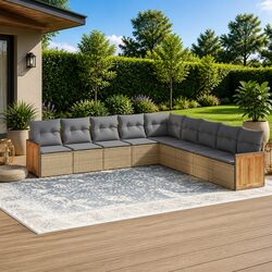 9 Piece Garden Sofa Set: Beige, Modular, PE Rattan Construction