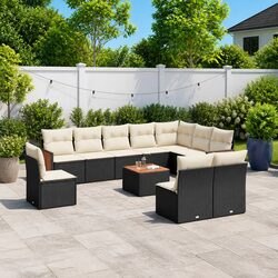 11 Piece Black Patio Sofa Set with Acacia Wood Tabletop