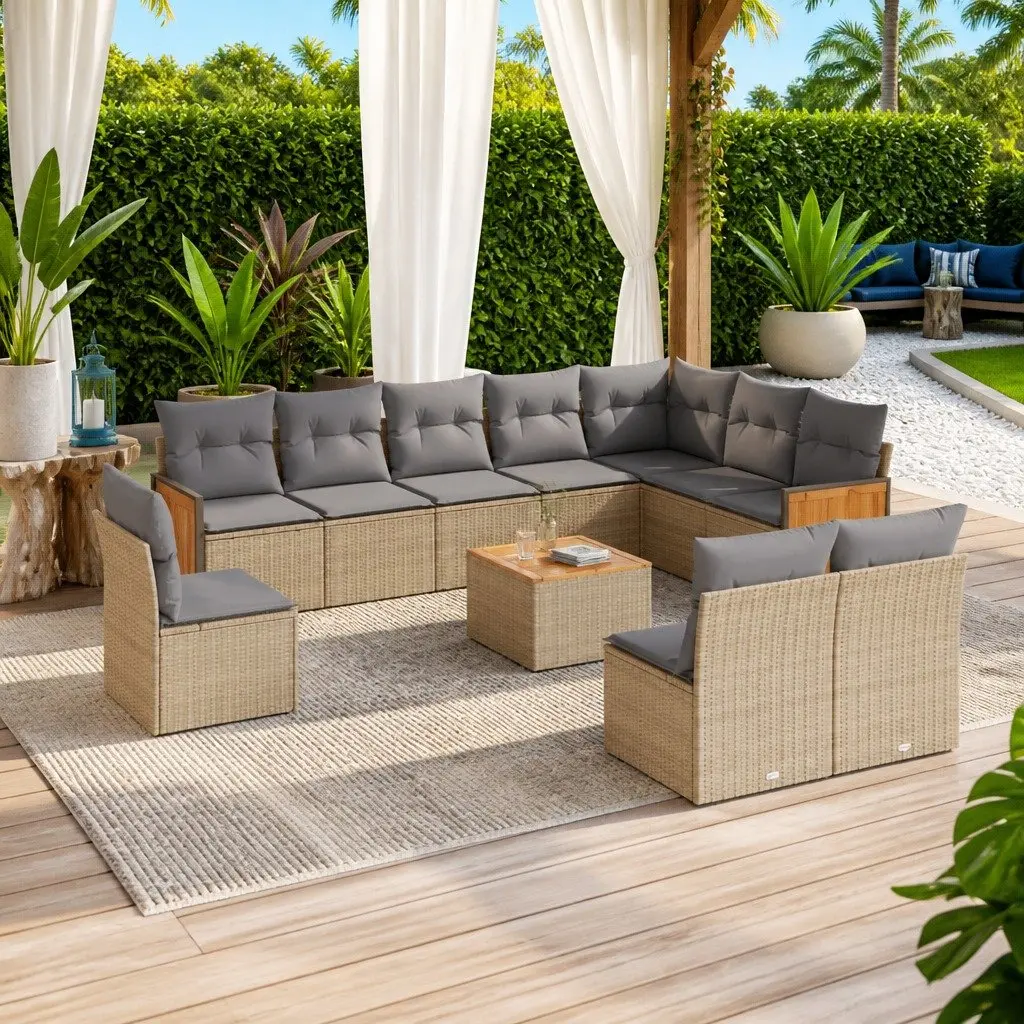 Garden Sofa Set 11 Piece Outdoor Furniture Beige Poly Rattan Modular Patio