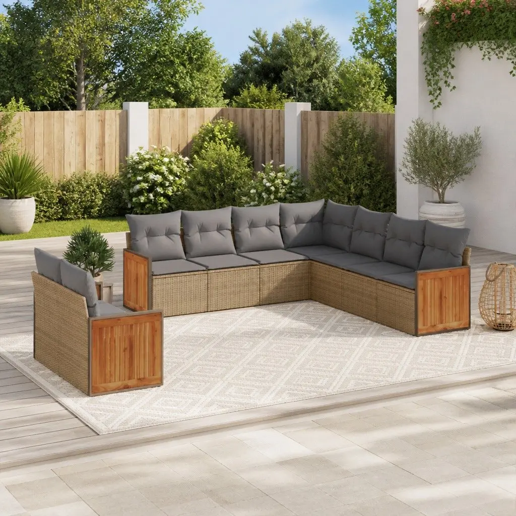 Garden Sofa Set 9 Piece Outdoor Furniture Patio Beige Poly Rattan Modular
