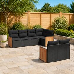7 Piece Garden Sofa Set Outdoor Furniture Black Poly Rattan with Cushions