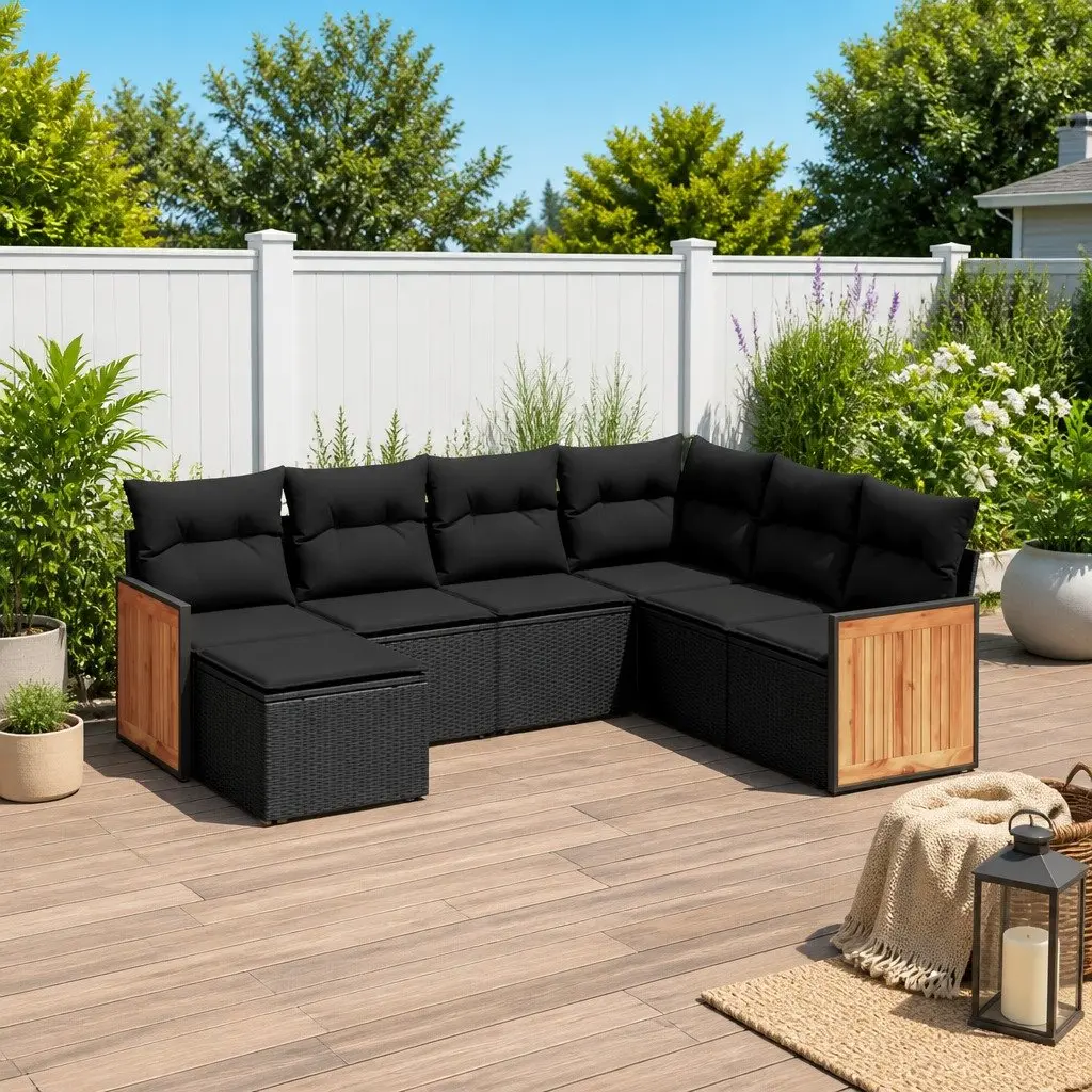Garden Sofa Set Outdoor Furniture 7 Piece Black Poly Rattan Modular Patio
