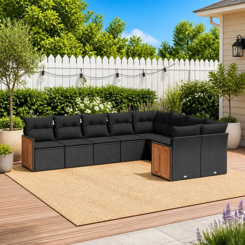 Modular Outdoor Patio Furniture Set 9 Piece Black Poly Rattan Garden Sofa