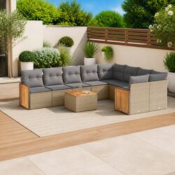 10 Piece Outdoor Sofa Set – PE Rattan, Acacia Wood, Beige