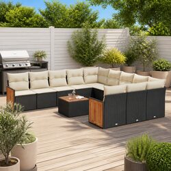 12 Piece Garden Sofa Set: Black Poly Rattan, Acacia Top